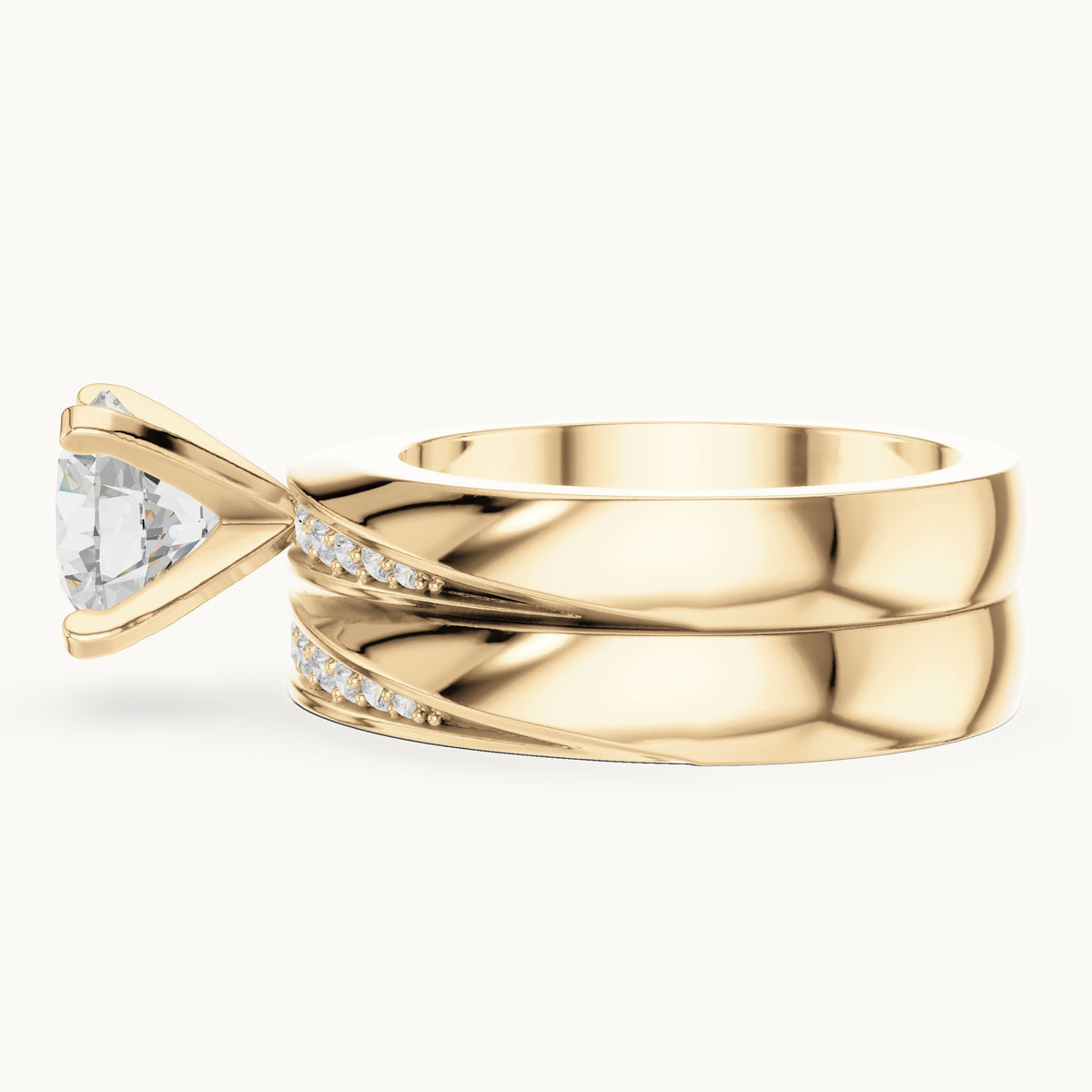 Round lab-grown diamond wide double band engagement ring in yellow gold, 1.749 CT TW, view 3
