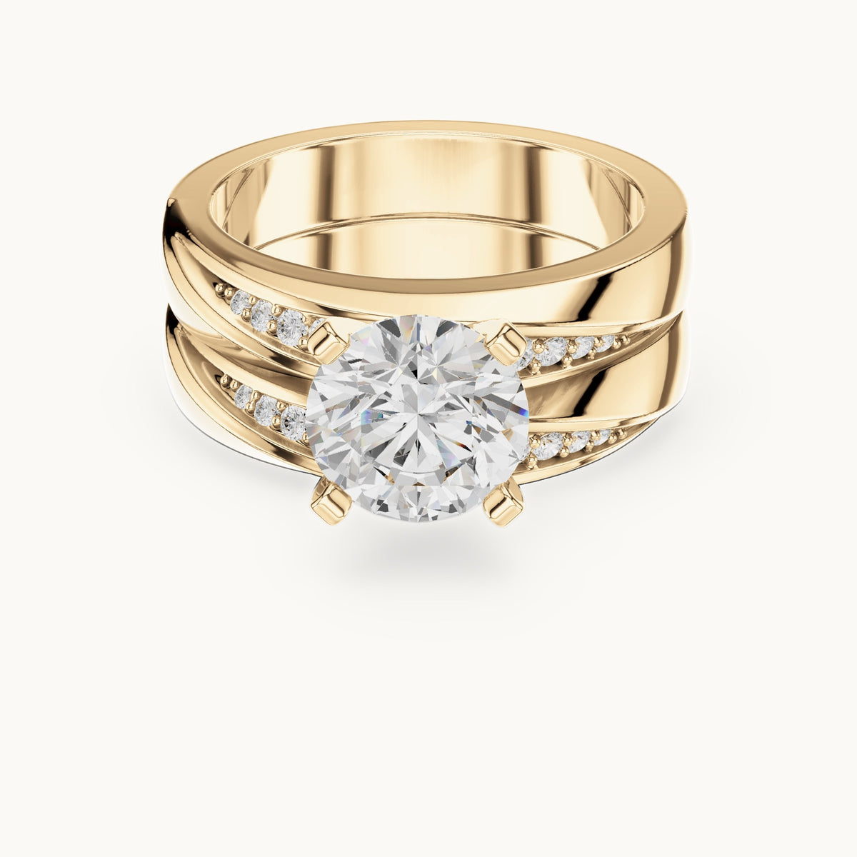 Round lab-grown diamond wide double band engagement ring in yellow gold, 1.749 CT TW, view 4