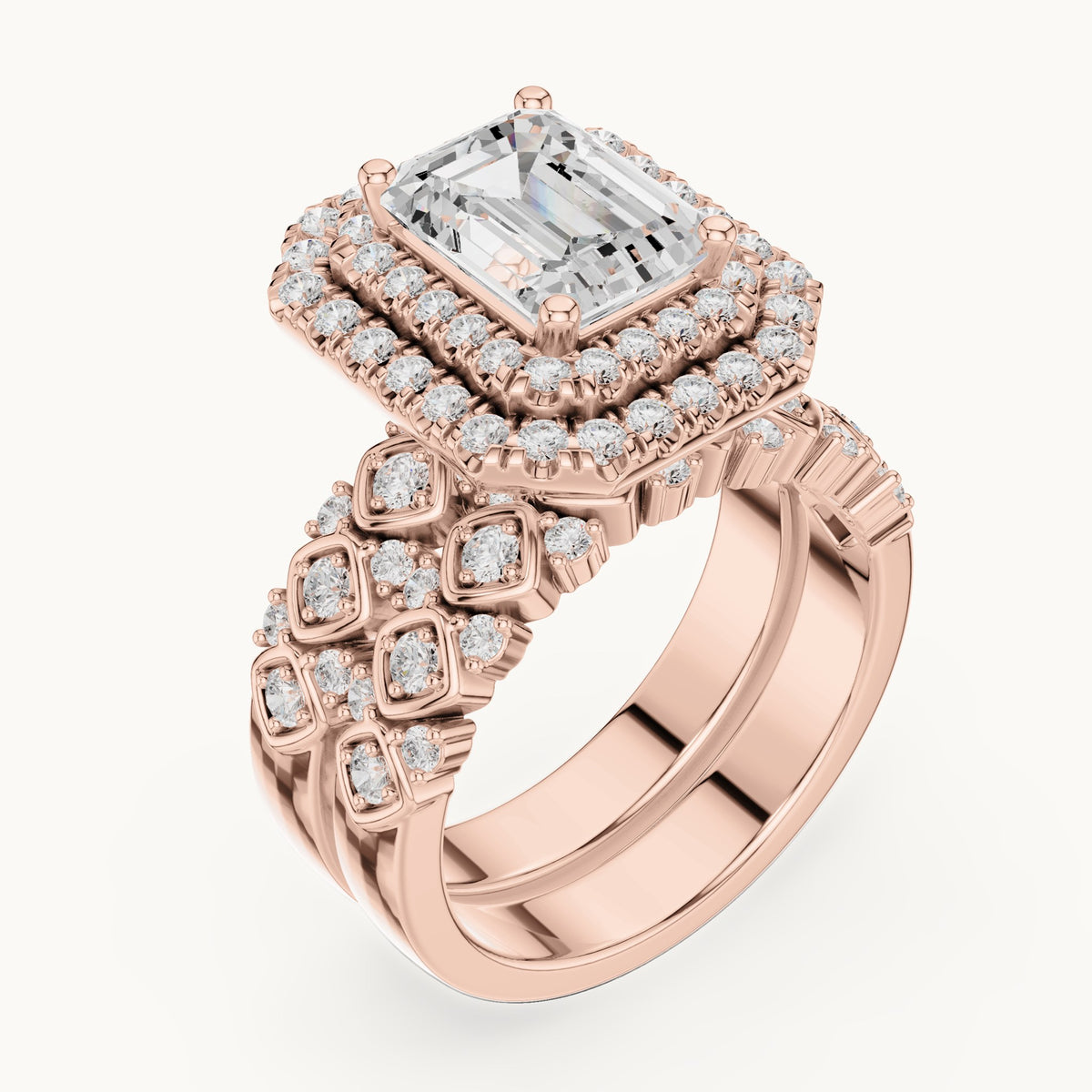 Emerald-cut and round lab-grown diamond double halo double band engagement ring in rose gold, 3.028 CT TW, view 2