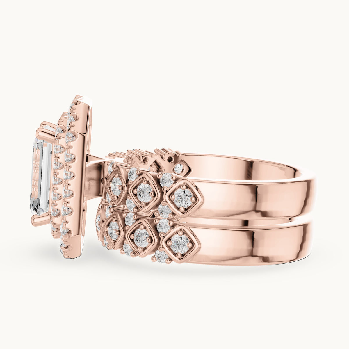 Emerald-cut and round lab-grown diamond double halo double band engagement ring in rose gold, 3.028 CT TW, view 3