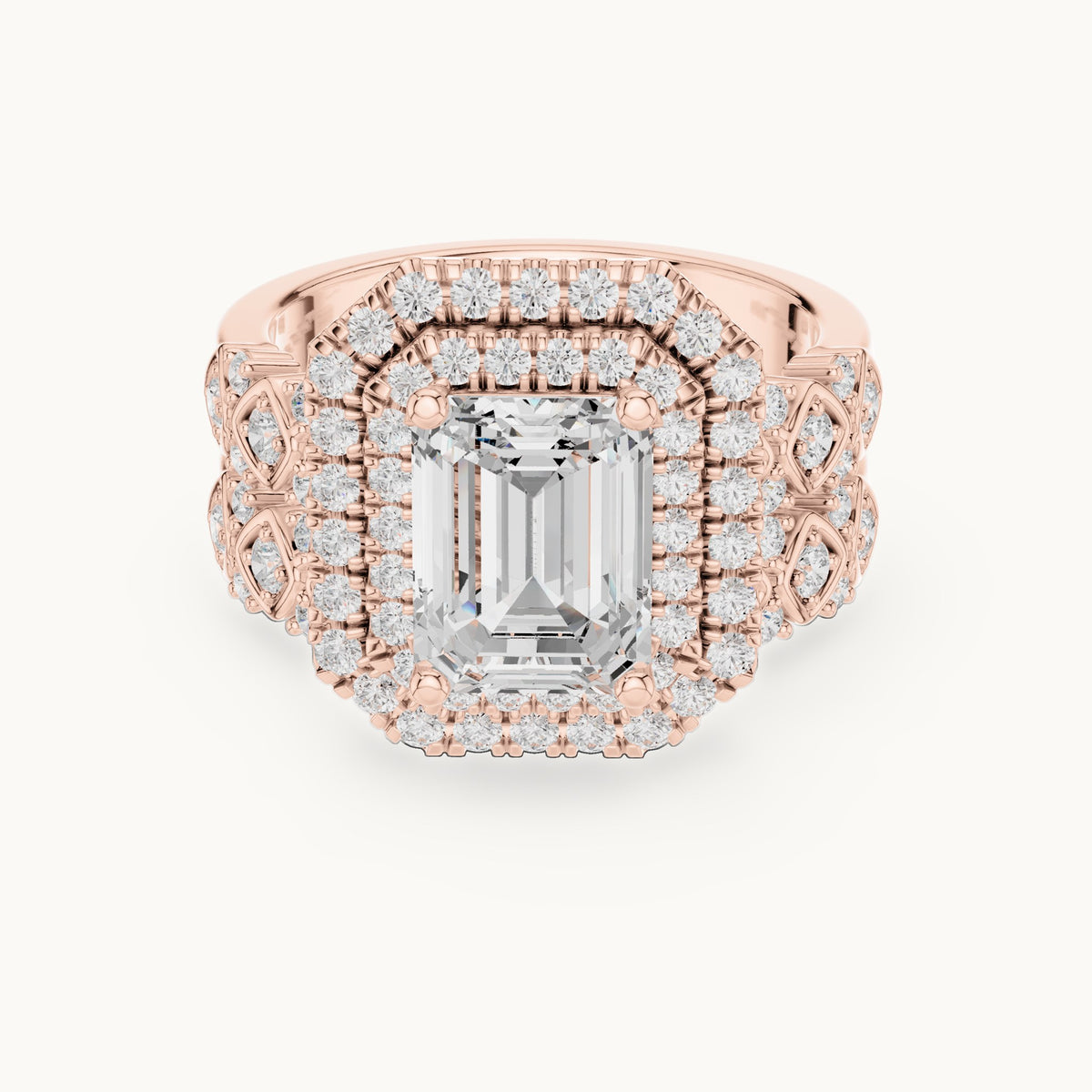 Emerald-cut and round lab-grown diamond double halo double band engagement ring in rose gold, 3.028 CT TW, view 4