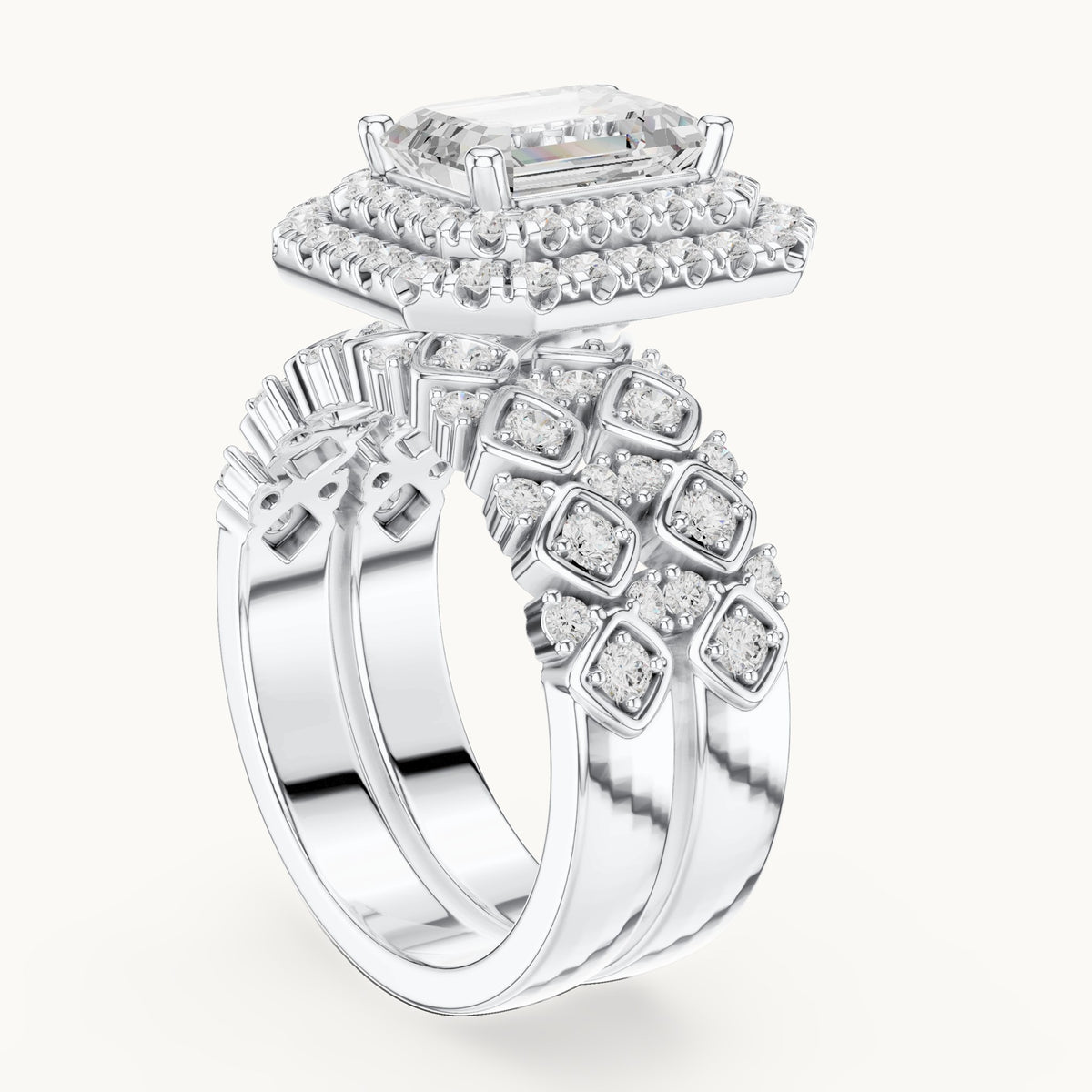 Emerald-cut and round lab-grown diamond double halo double band engagement ring in white gold, 3.028 CT TW, view 1