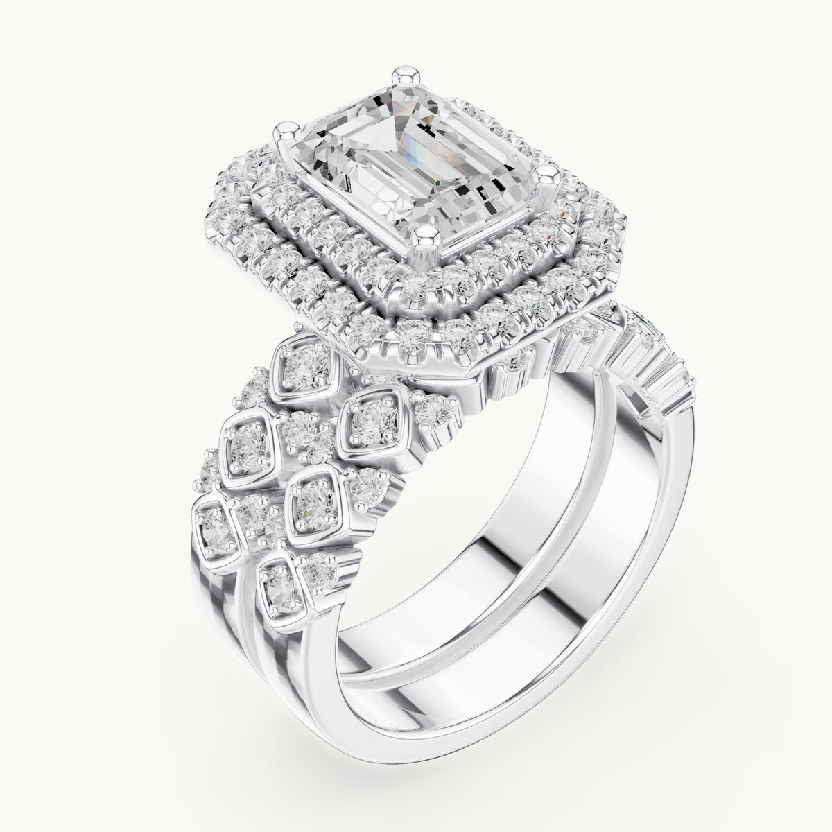 Emerald-cut and round lab-grown diamond double halo double band engagement ring in white gold, 3.028 CT TW, view 2