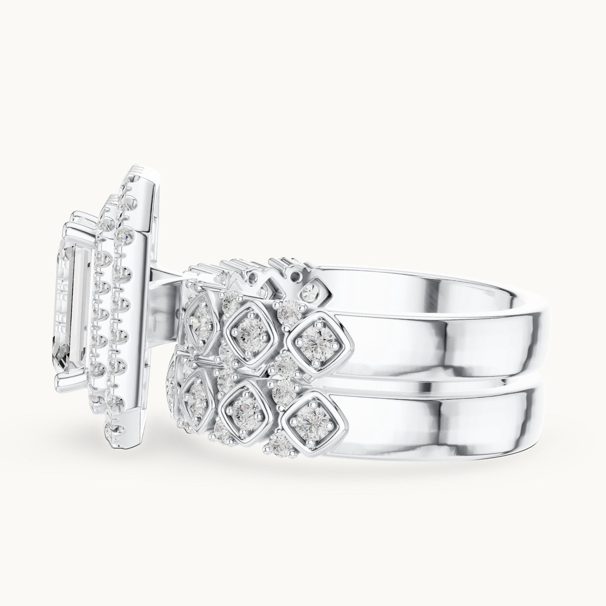 Emerald-cut and round lab-grown diamond double halo double band engagement ring in white gold, 3.028 CT TW, view 3