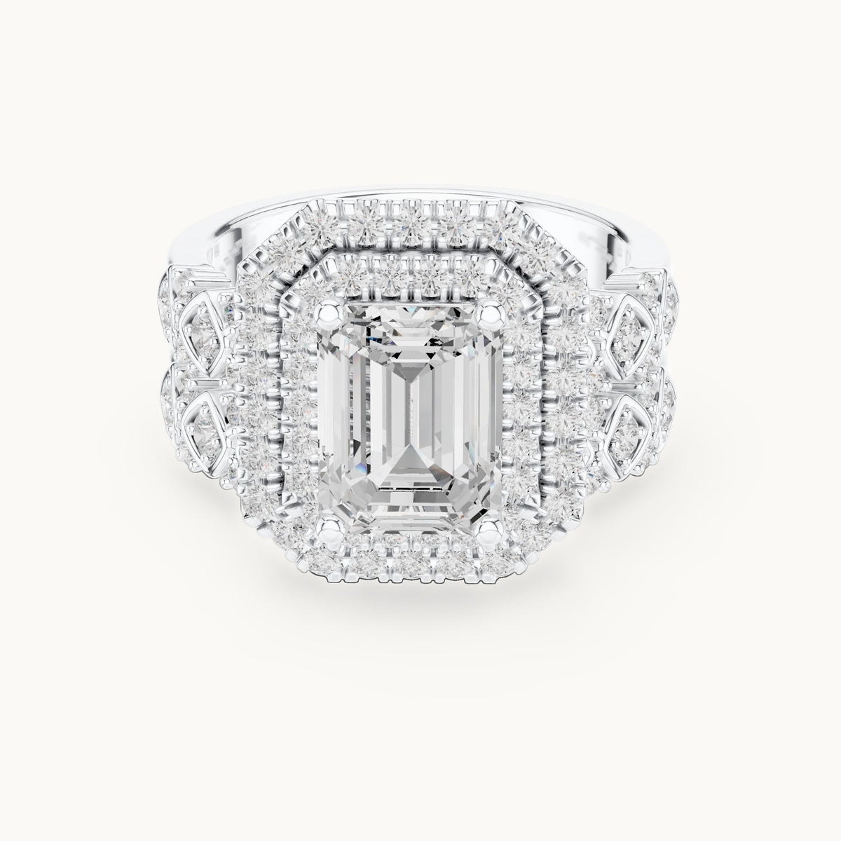 Emerald-cut and round lab-grown diamond double halo double band engagement ring in white gold, 3.028 CT TW, view 4
