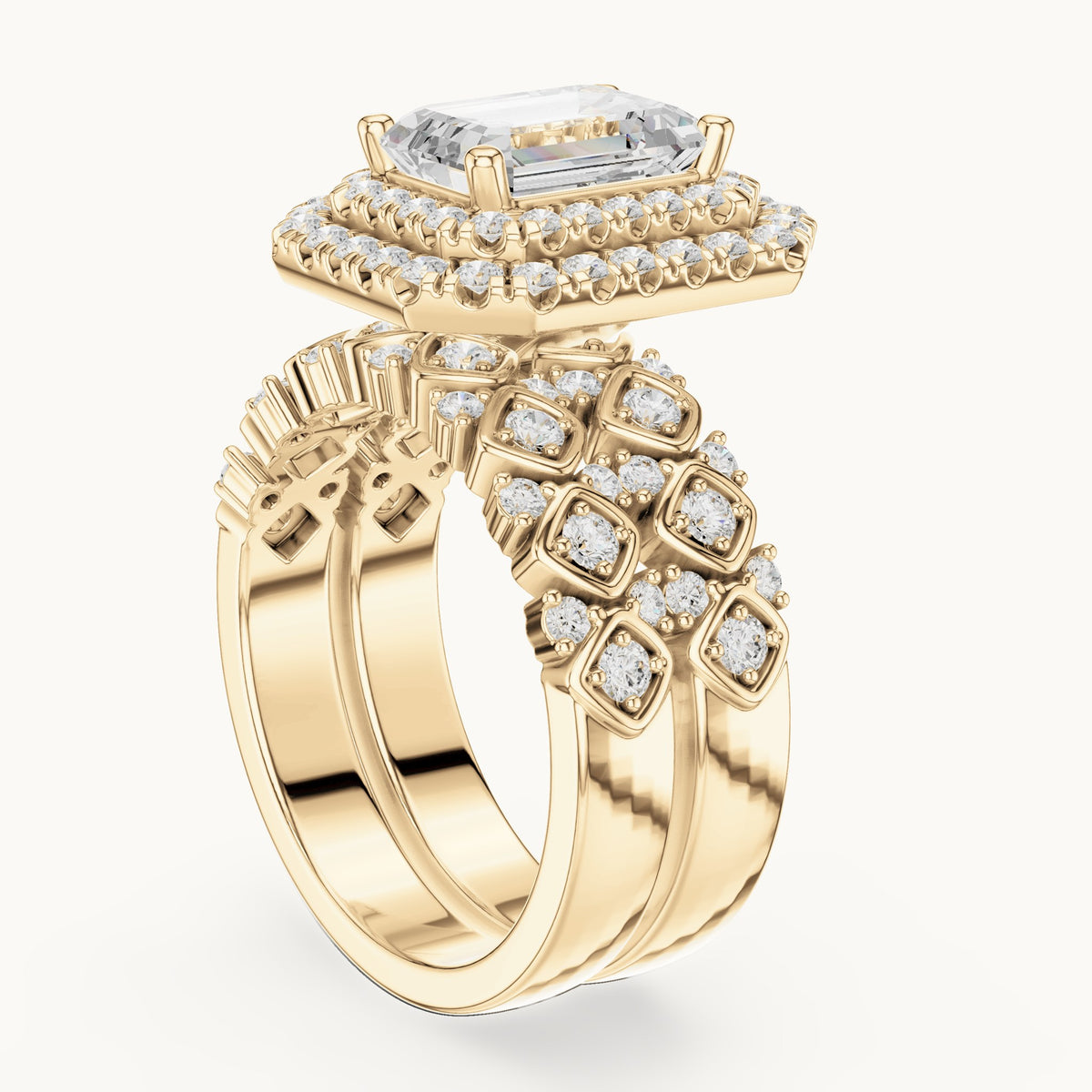 Emerald-cut and round lab-grown diamond double halo double band engagement ring in yellow gold, 3.028 CT TW, view 1