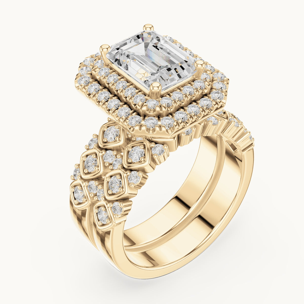 Emerald-cut and round lab-grown diamond double halo double band engagement ring in yellow gold, 3.028 CT TW, view 2