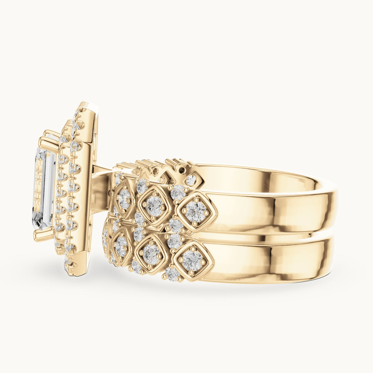 Emerald-cut and round lab-grown diamond double halo double band engagement ring in yellow gold, 3.028 CT TW, view 3