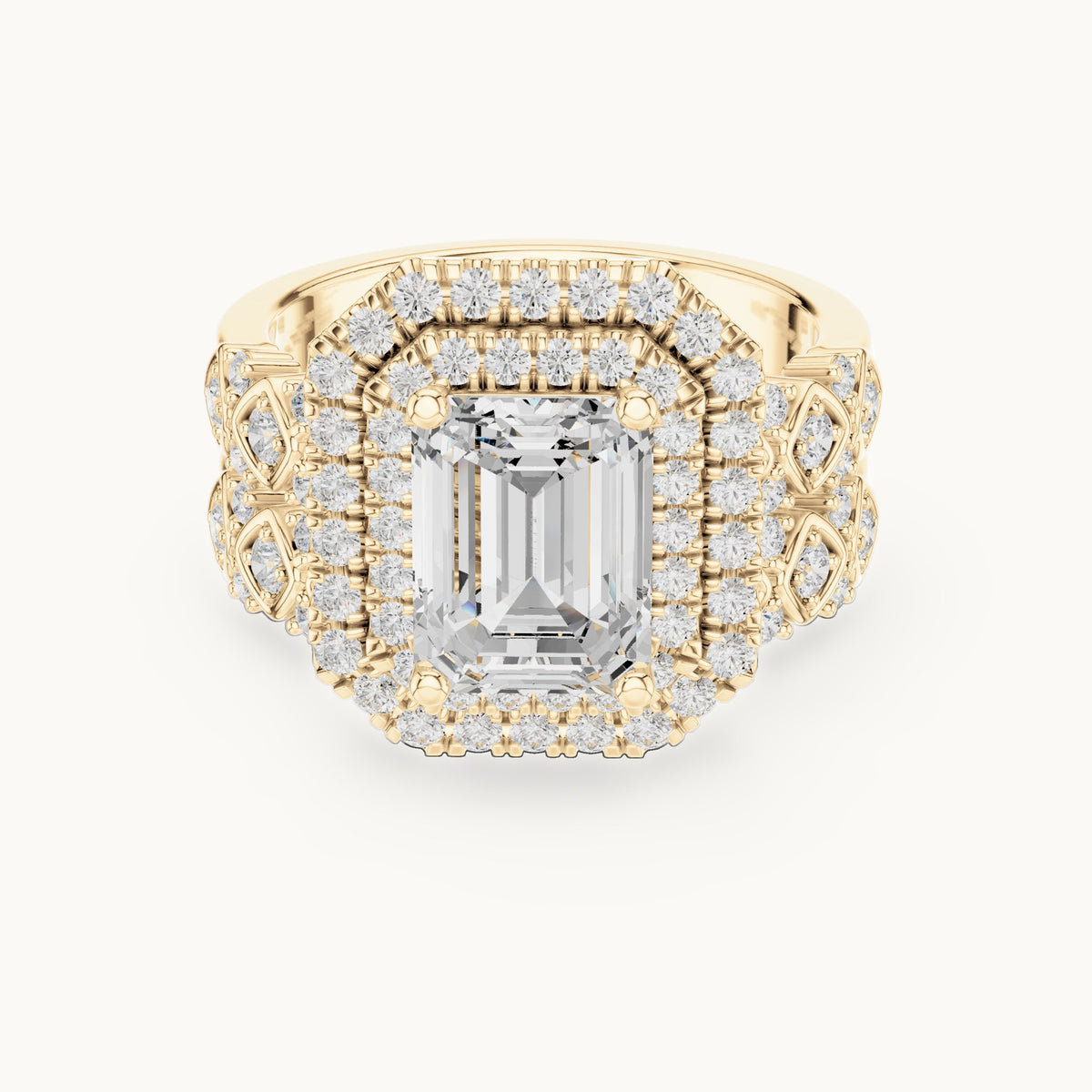 Emerald-cut and round lab-grown diamond double halo double band engagement ring in yellow gold, 3.028 CT TW, view 4