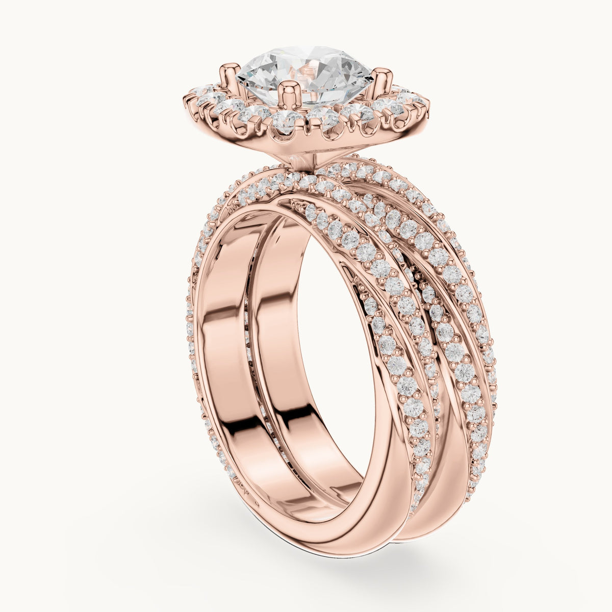 Round lab-grown diamond cushion halo twisted double band engagement ring in rose gold, 2.744 CT TW, view 1
