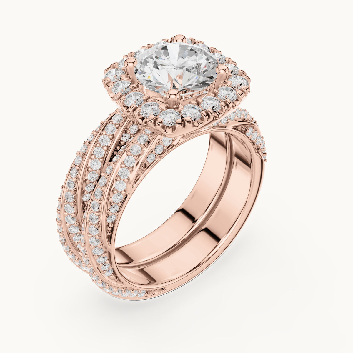 Round lab-grown diamond cushion halo twisted double band engagement ring in rose gold, 2.744 CT TW, view 2