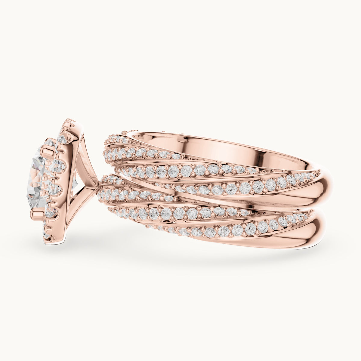 Round lab-grown diamond cushion halo twisted double band engagement ring in rose gold, 2.744 CT TW, view 3