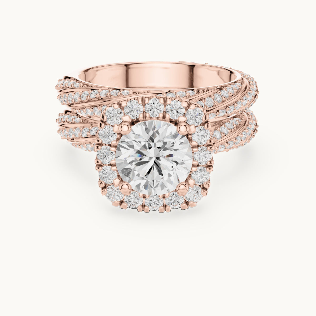 Round lab-grown diamond cushion halo twisted double band engagement ring in rose gold, 2.744 CT TW, view 4