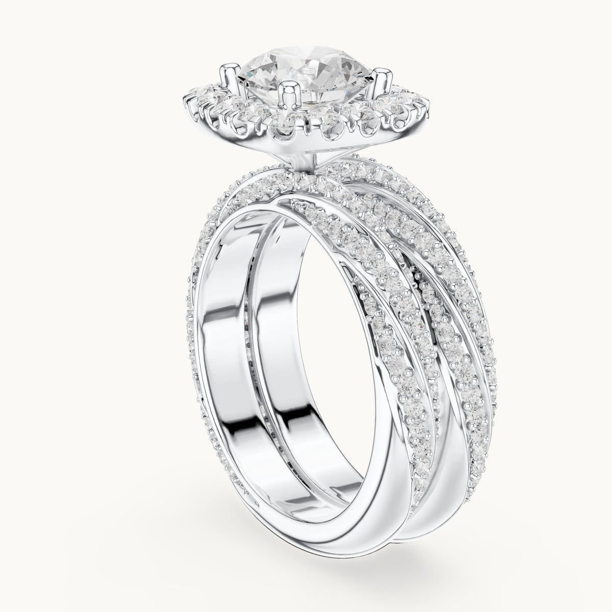 Round lab-grown diamond cushion halo twisted double band engagement ring in white gold, 2.744 CT TW, view 1