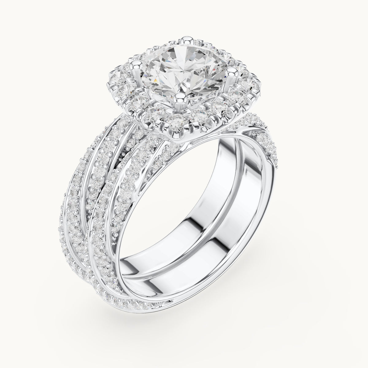 Round lab-grown diamond cushion halo twisted double band engagement ring in white gold, 2.744 CT TW, view 2