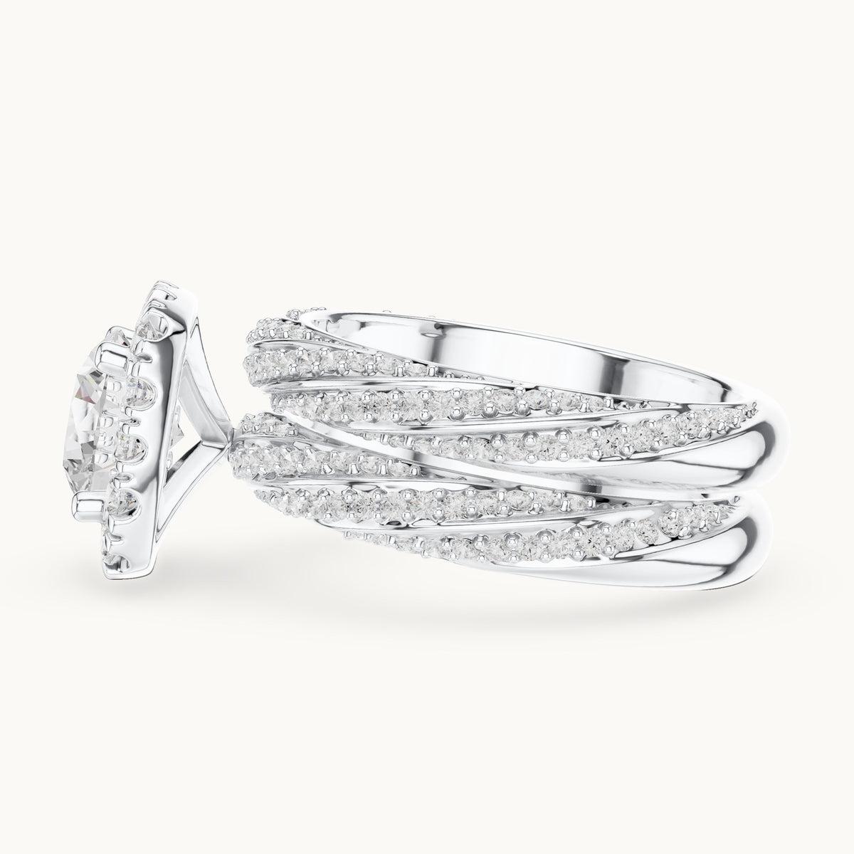 Round lab-grown diamond cushion halo twisted double band engagement ring in white gold, 2.744 CT TW, view 3