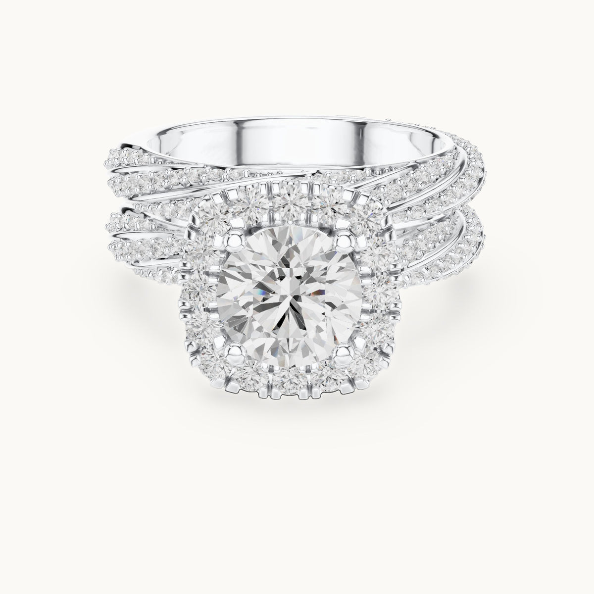 Round lab-grown diamond cushion halo twisted double band engagement ring in white gold, 2.744 CT TW, view 4