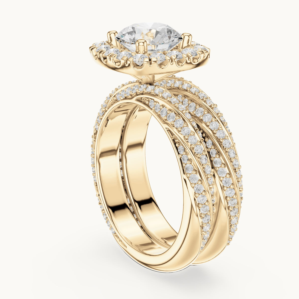 Round lab-grown diamond cushion halo twisted double band engagement ring in yellow gold, 2.744 CT TW, view 1