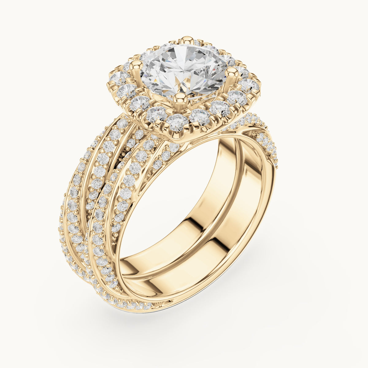 Round lab-grown diamond cushion halo twisted double band engagement ring in yellow gold, 2.744 CT TW, view 2