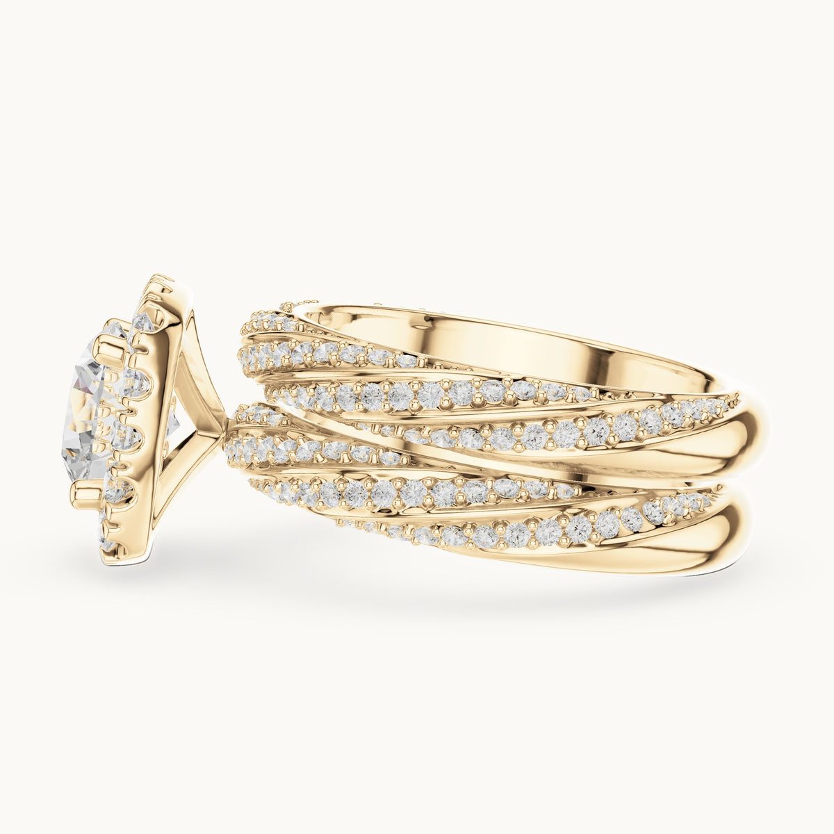 Round lab-grown diamond cushion halo twisted double band engagement ring in yellow gold, 2.744 CT TW, view 3