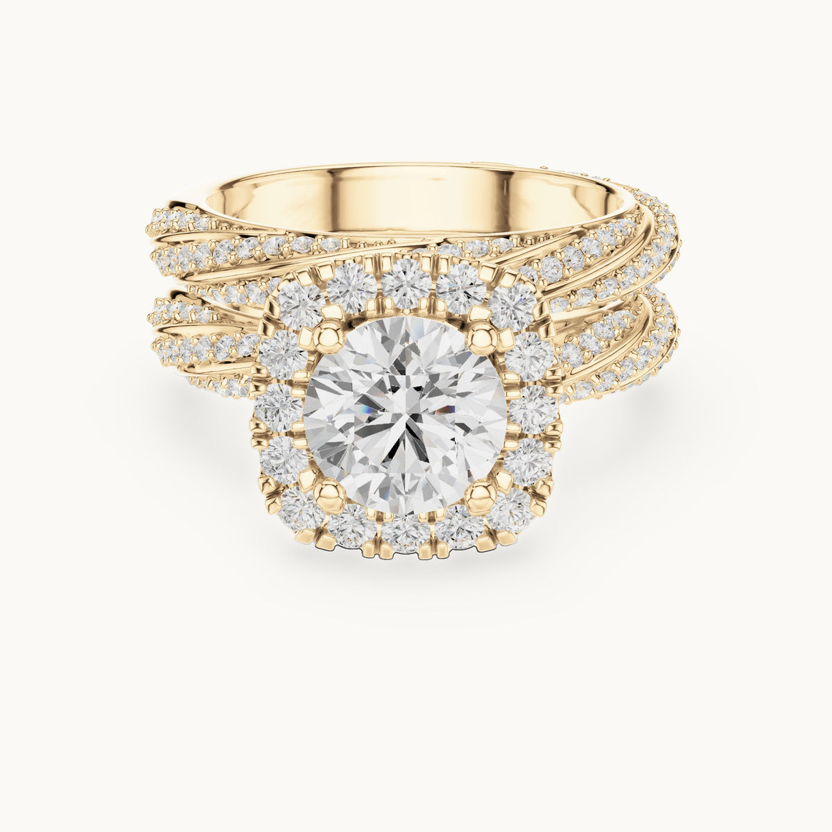 Round lab-grown diamond cushion halo twisted double band engagement ring in yellow gold, 2.744 CT TW, view 4