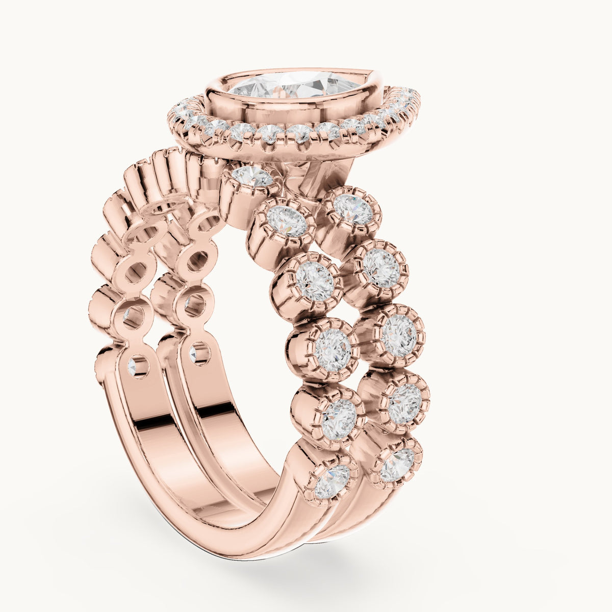 Round and pear lab-grown diamond halo double band engagement ring in rose gold, 2.045 CT TW, view 1