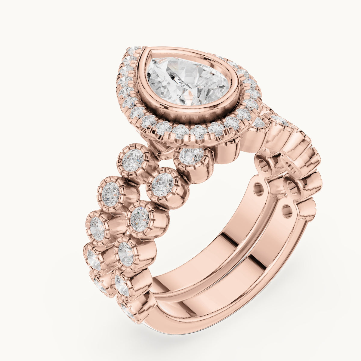 Round and pear lab-grown diamond halo double band engagement ring in rose gold, 2.045 CT TW, view 2