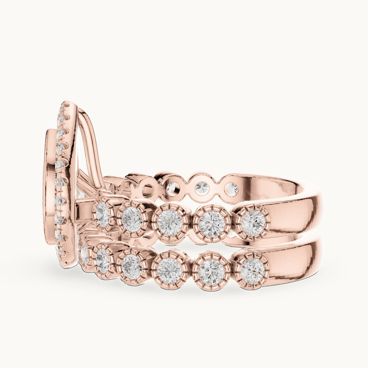 Round and pear lab-grown diamond halo double band engagement ring in rose gold, 2.045 CT TW, view 3