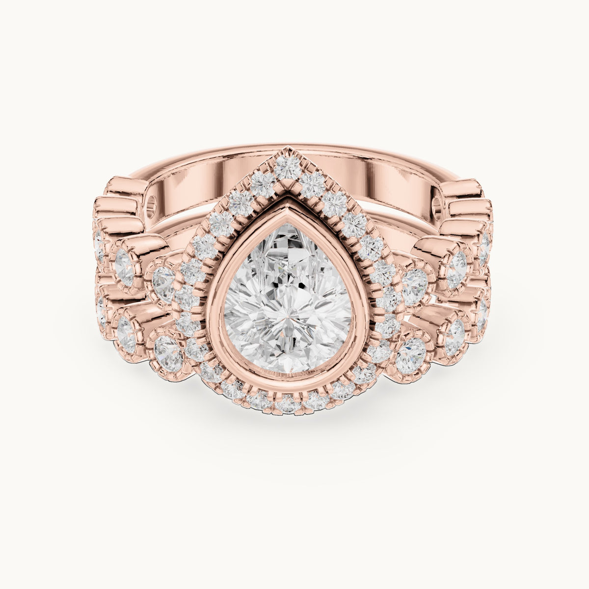 Round and pear lab-grown diamond halo double band engagement ring in rose gold, 2.045 CT TW, view 4