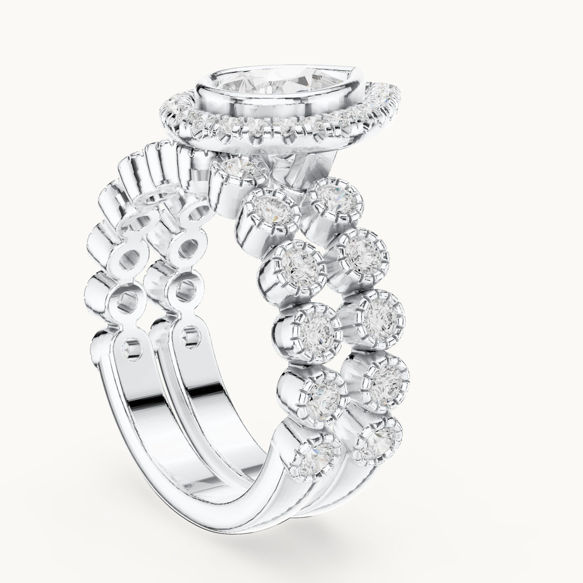 Round and pear lab-grown diamond halo double band engagement ring in white gold, 2.045 CT TW, view 1
