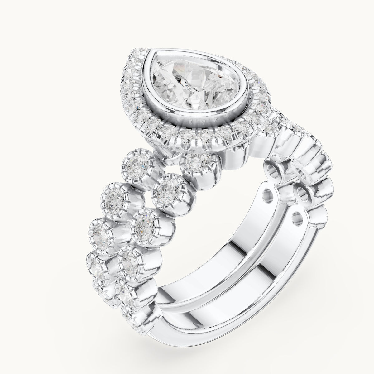 Round and pear lab-grown diamond halo double band engagement ring in white gold, 2.045 CT TW, view 2