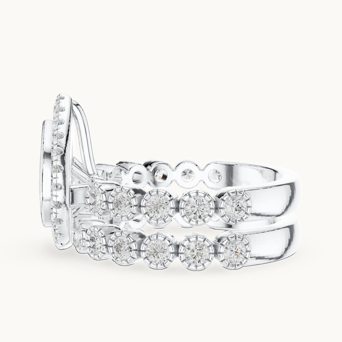 Round and pear lab-grown diamond halo double band engagement ring in white gold, 2.045 CT TW, view 3