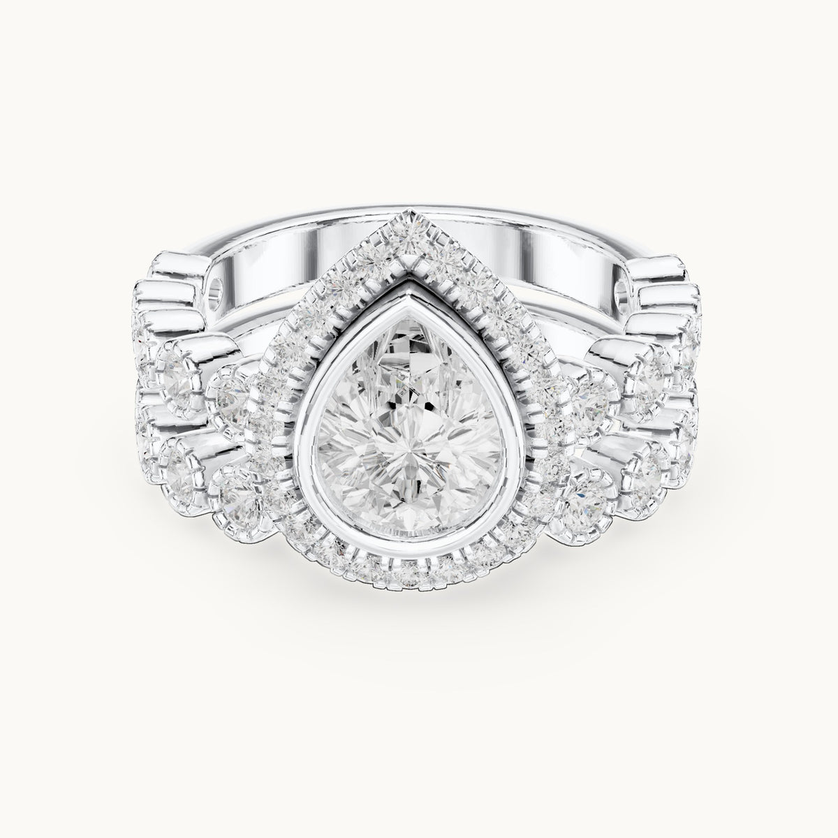 Round and pear lab-grown diamond halo double band engagement ring in white gold, 2.045 CT TW, view 4