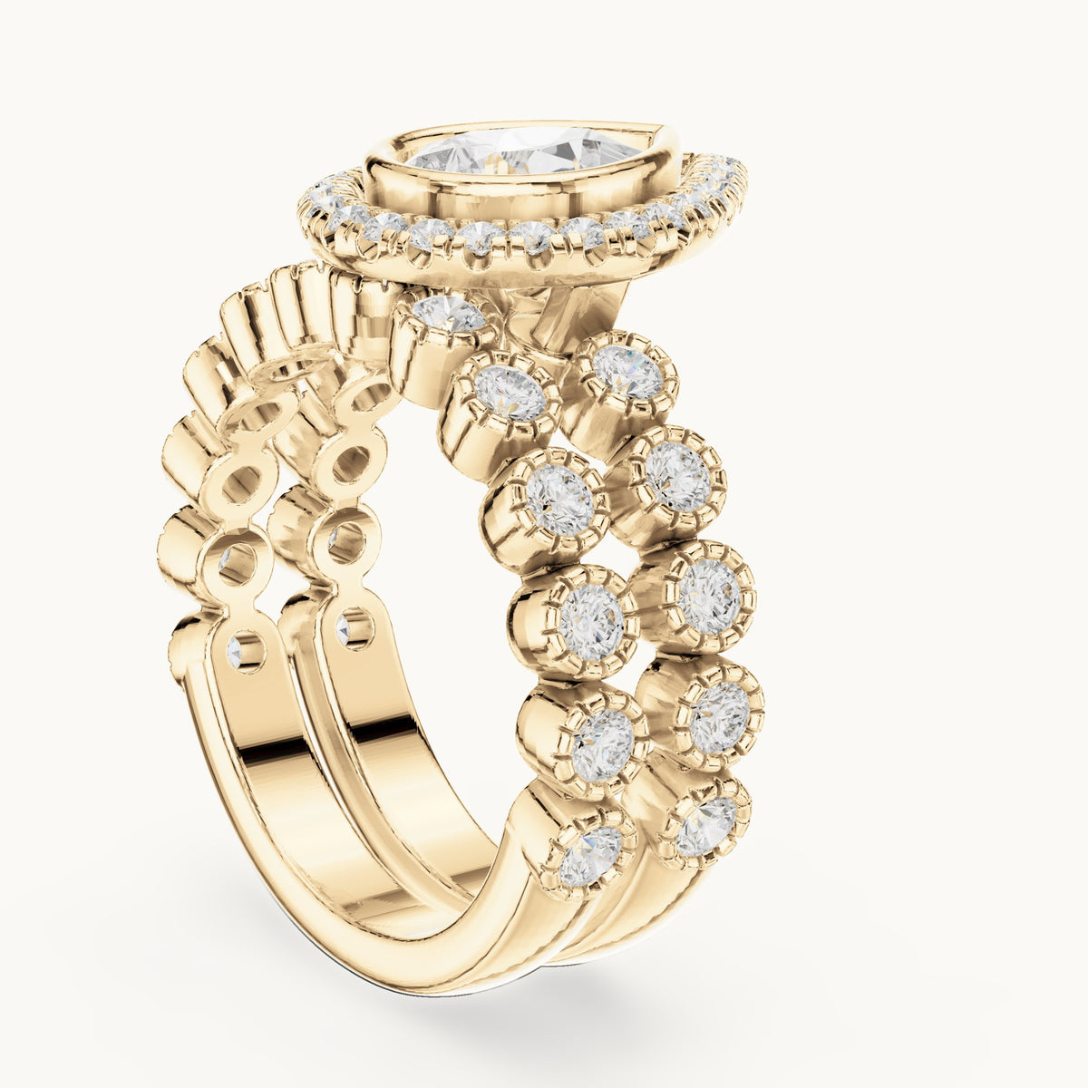Round and pear lab-grown diamond halo double band engagement ring in yellow gold, 2.045 CT TW, view 1