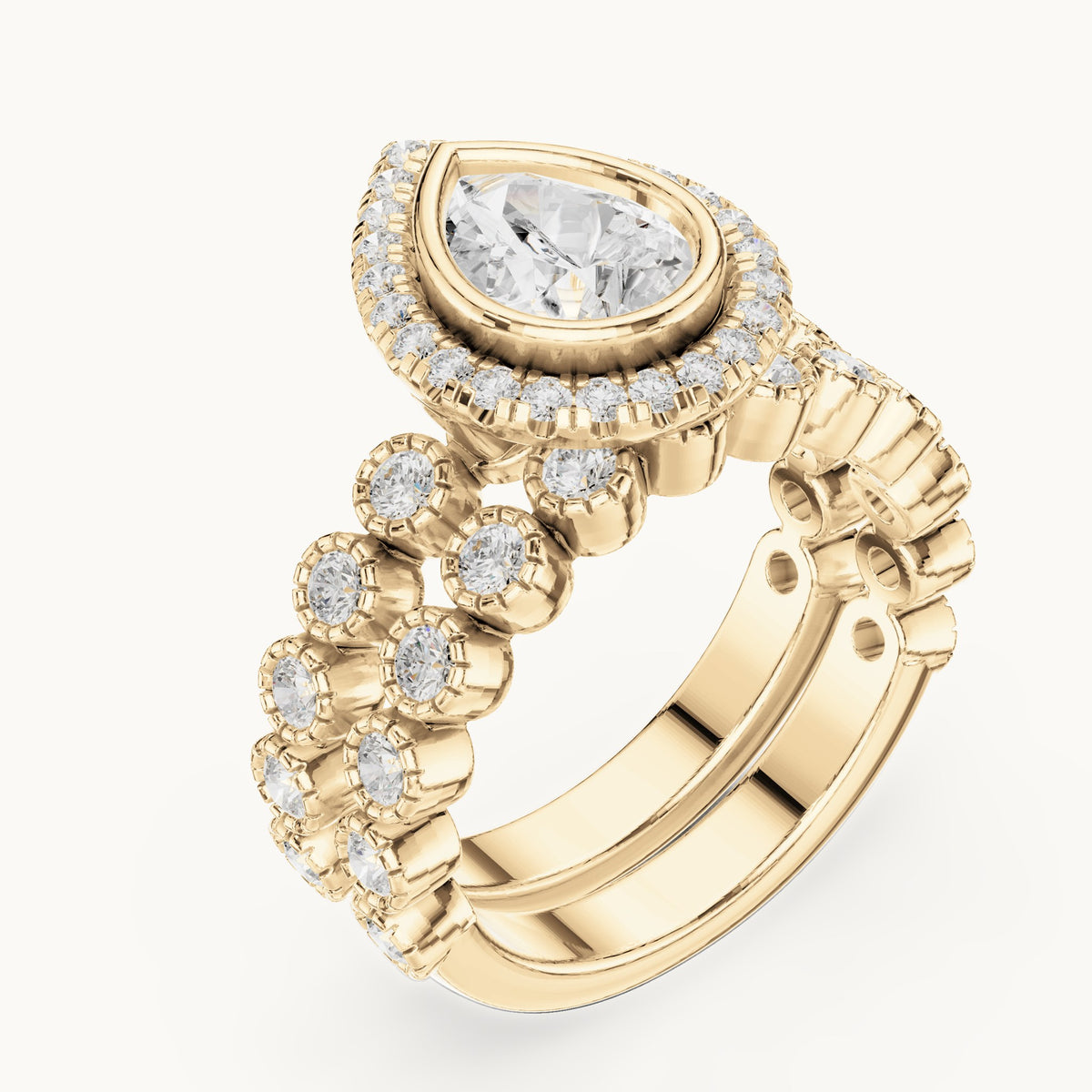 Round and pear lab-grown diamond halo double band engagement ring in yellow gold, 2.045 CT TW, view 2