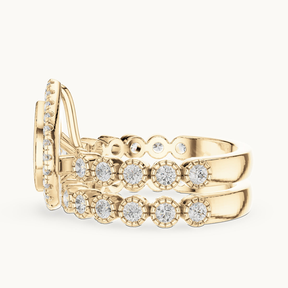 Round and pear lab-grown diamond halo double band engagement ring in yellow gold, 2.045 CT TW, view 3