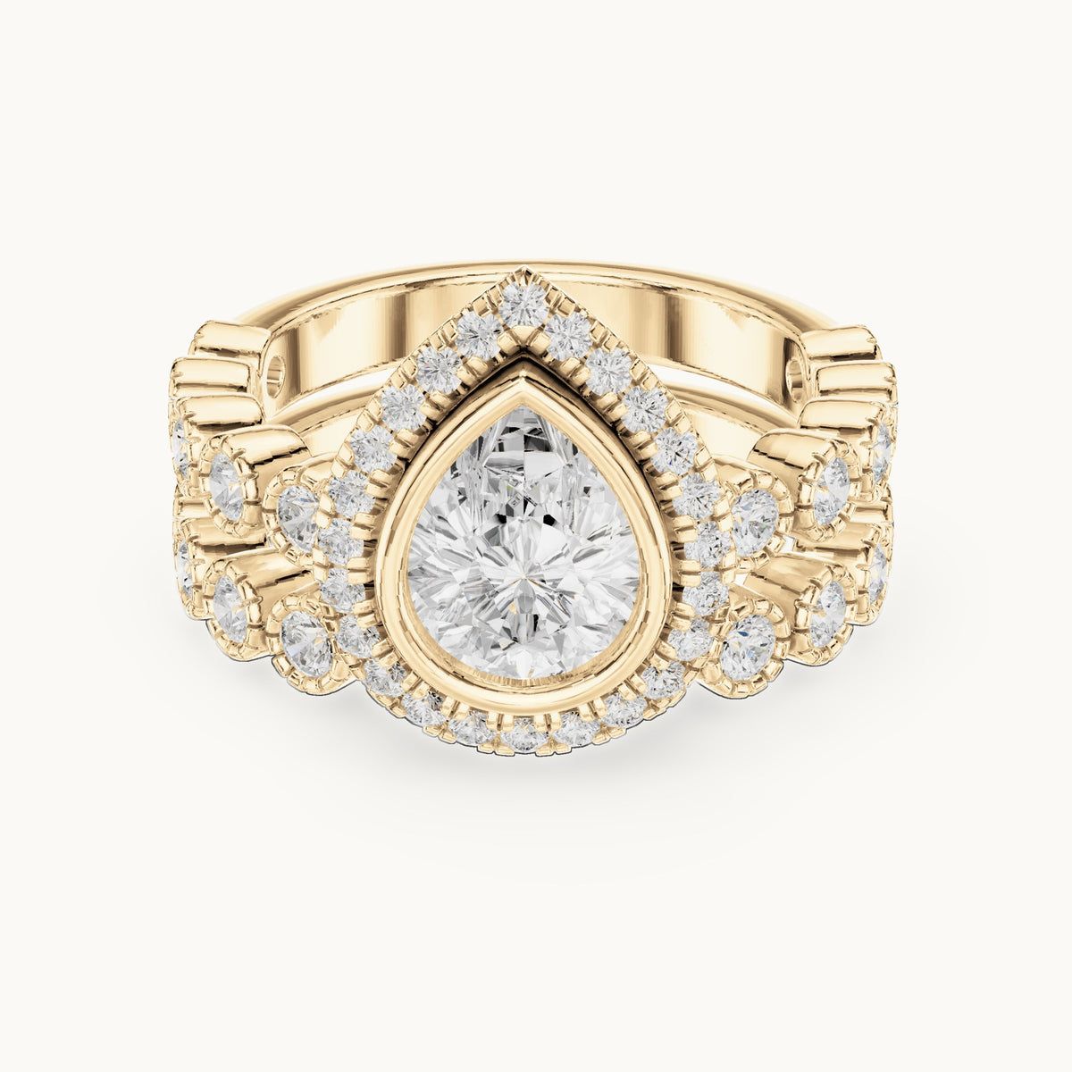 Round and pear lab-grown diamond halo double band engagement ring in yellow gold, 2.045 CT TW, view 4