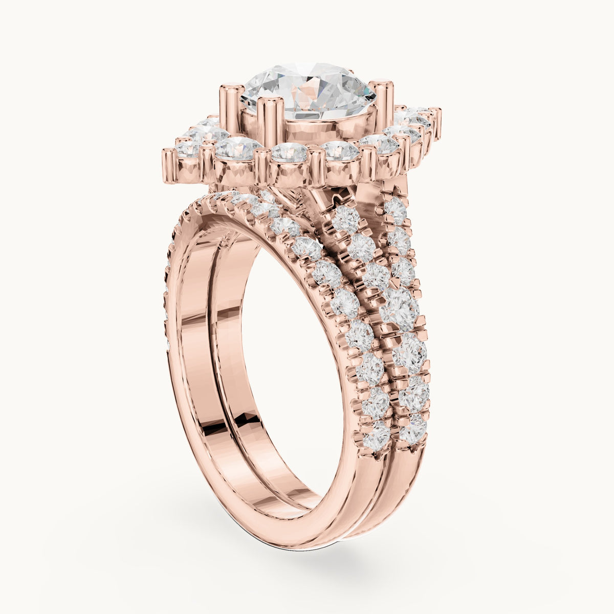 Round lab-grown diamond cluster halo double band engagement ring in rose gold, 3.591 CT TW, view 1