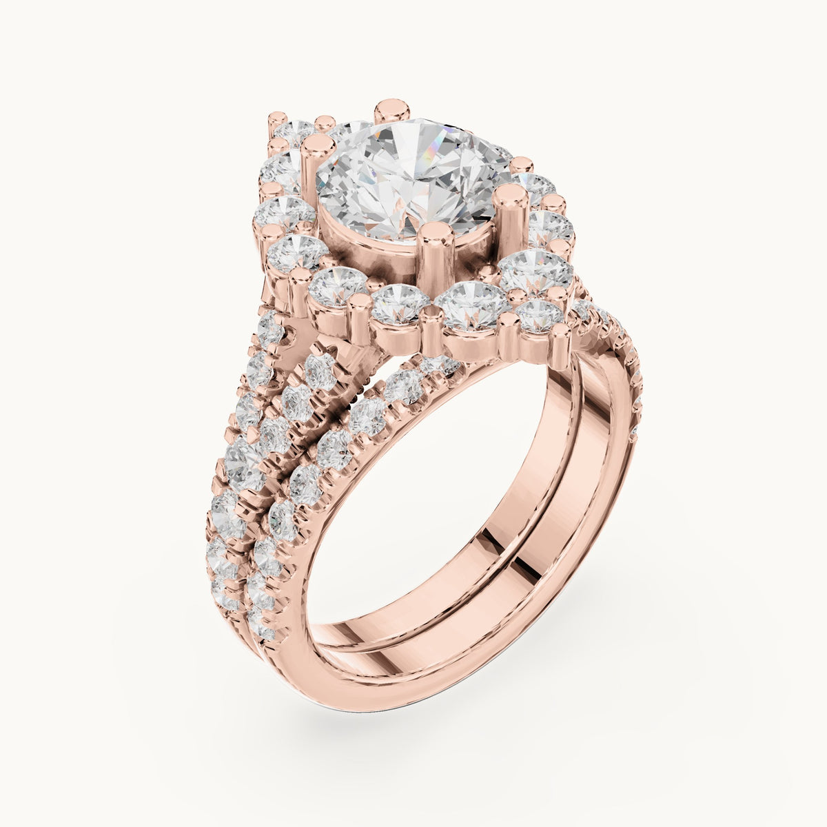 Round lab-grown diamond cluster halo double band engagement ring in rose gold, 3.591 CT TW, view 2