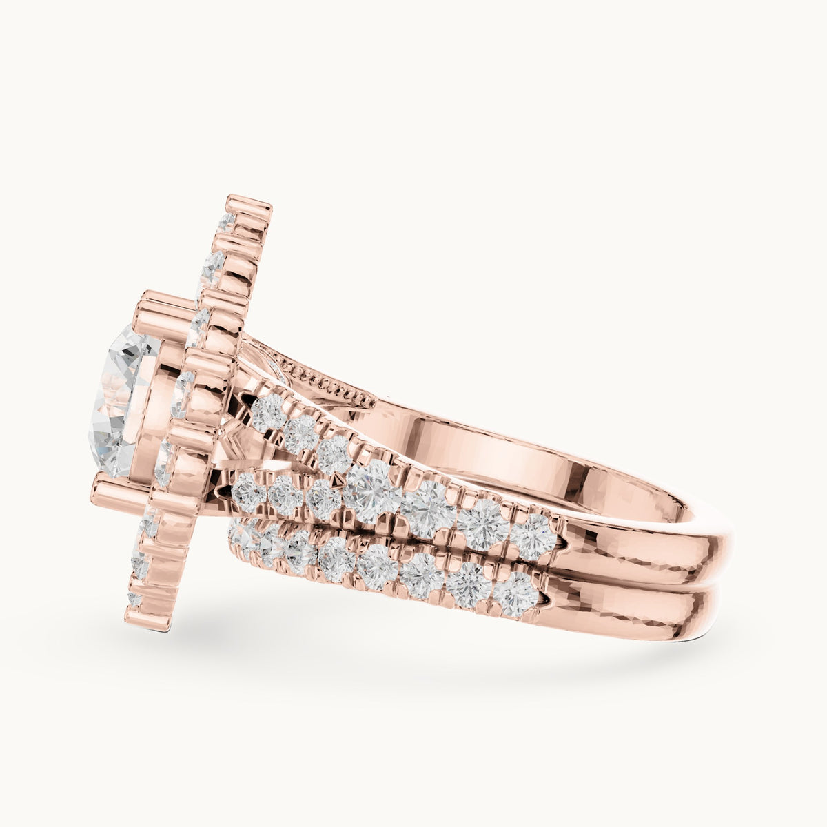 Round lab-grown diamond cluster halo double band engagement ring in rose gold, 3.591 CT TW, view 3