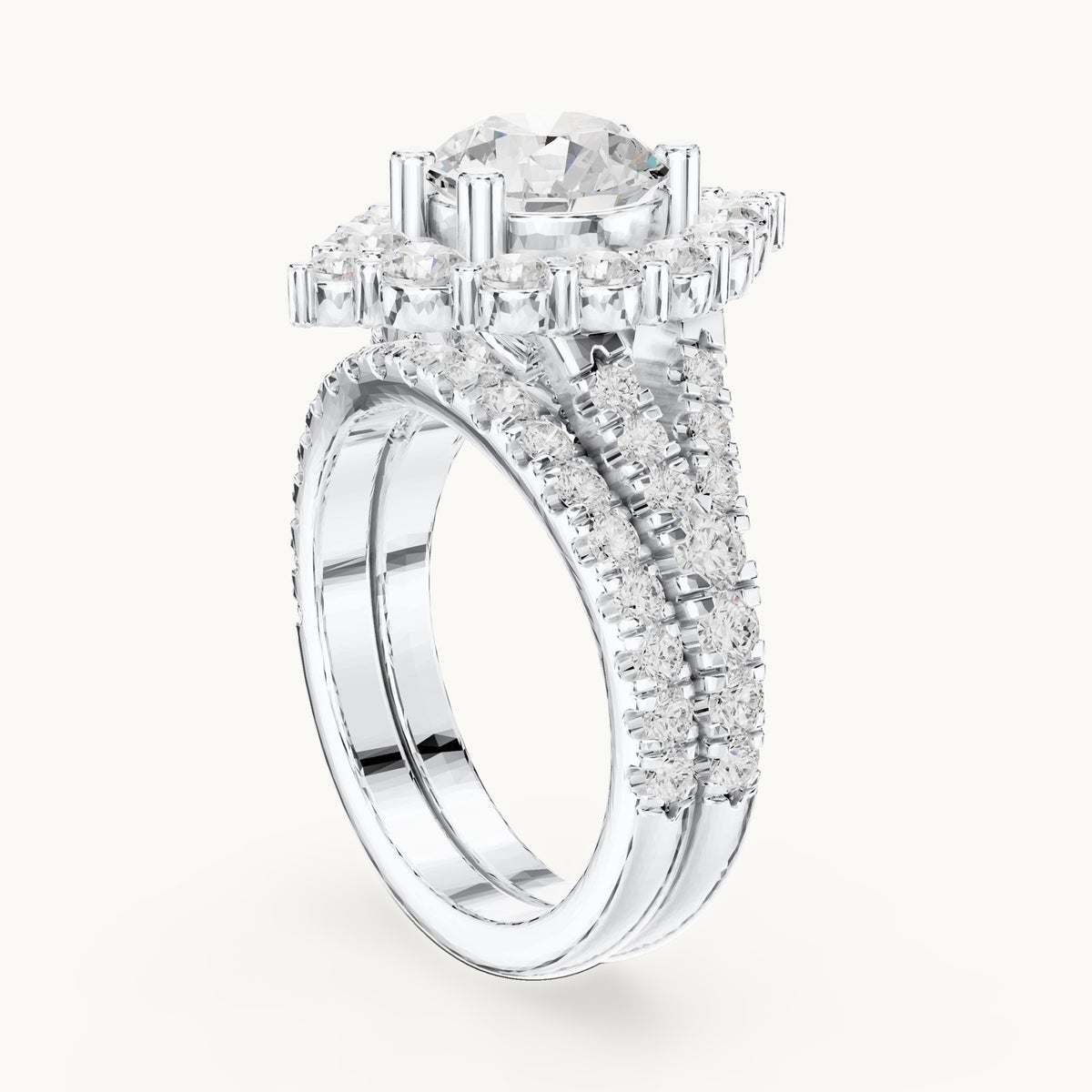 Round lab-grown diamond cluster halo double band engagement ring in white gold, 3.591 CT TW, view 1