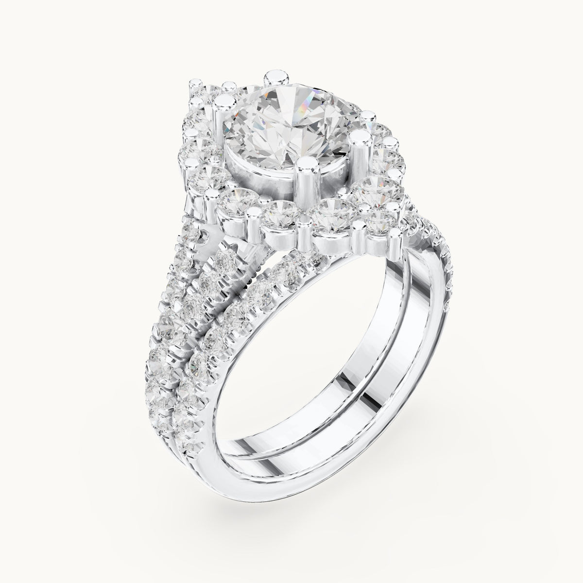 Round lab-grown diamond cluster halo double band engagement ring in white gold, 3.591 CT TW, view 2