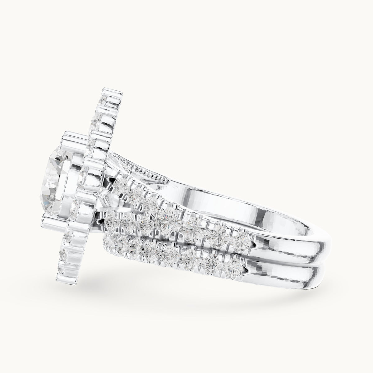 Round lab-grown diamond cluster halo double band engagement ring in white gold, 3.591 CT TW, view 3