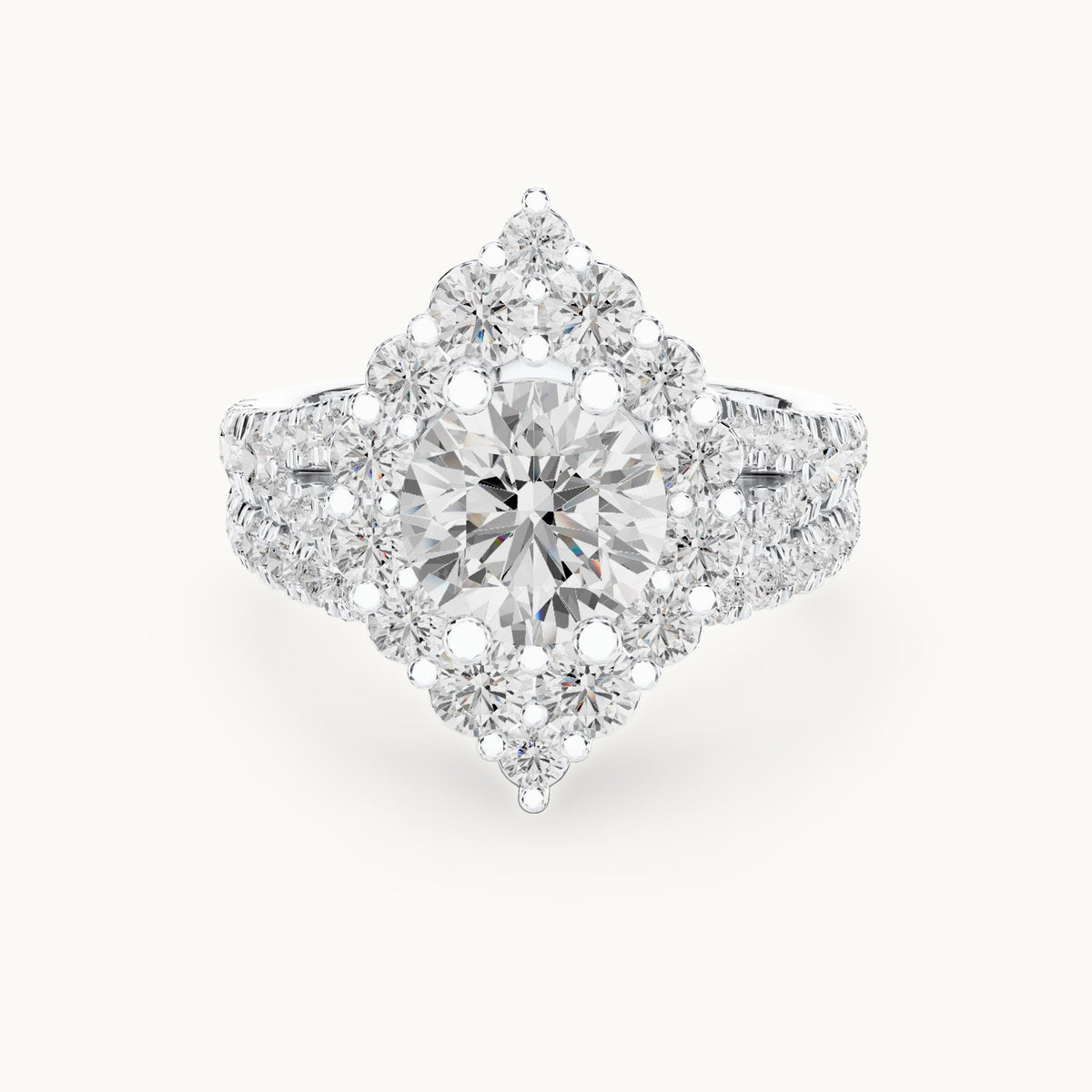Round lab-grown diamond cluster halo double band engagement ring in white gold, 3.591 CT TW, view 4