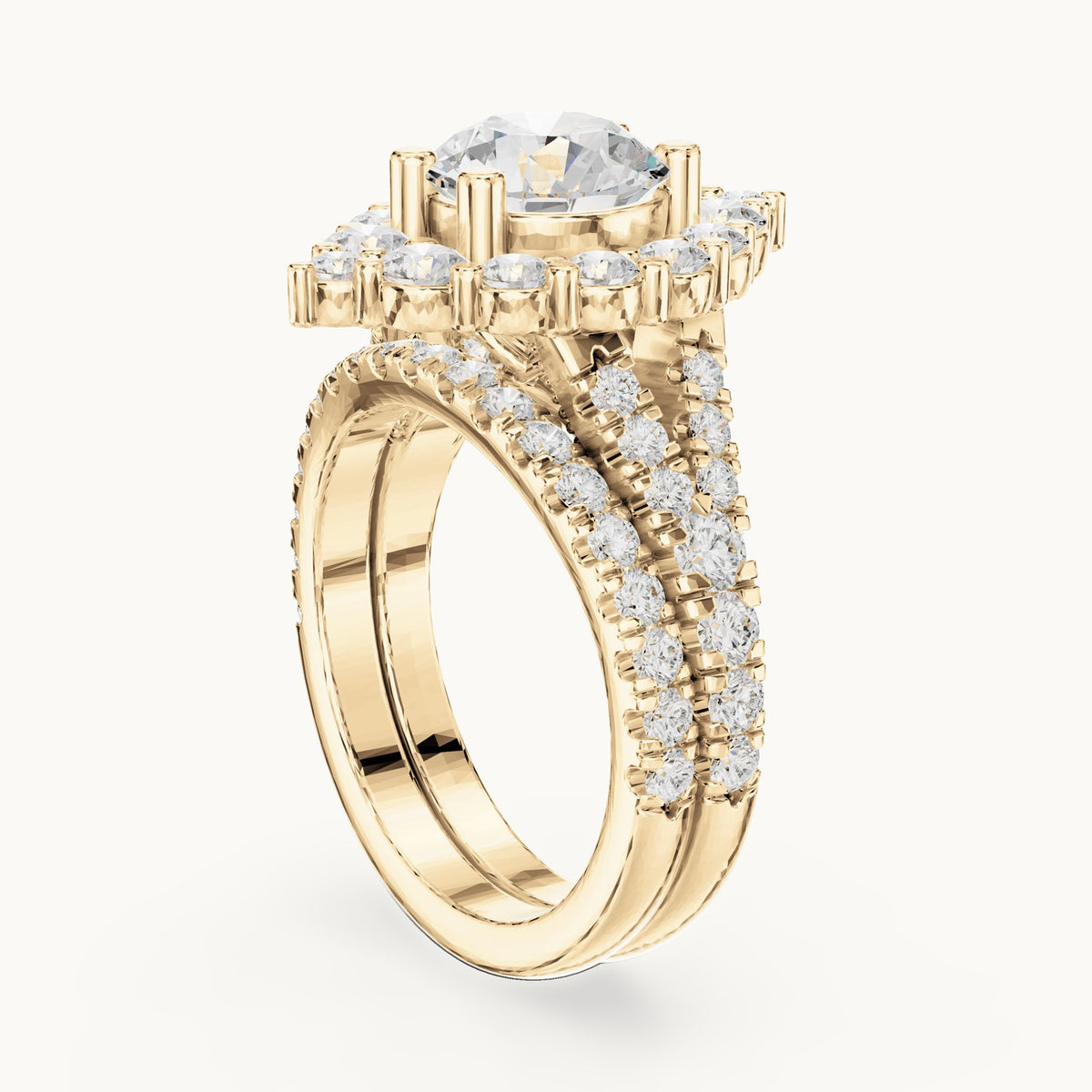 Round lab-grown diamond cluster halo double band engagement ring in yellow gold, 3.591 CT TW, view 1