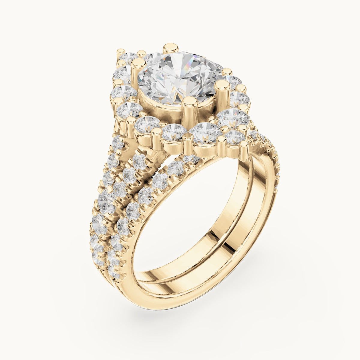 Round lab-grown diamond cluster halo double band engagement ring in yellow gold, 3.591 CT TW, view 2