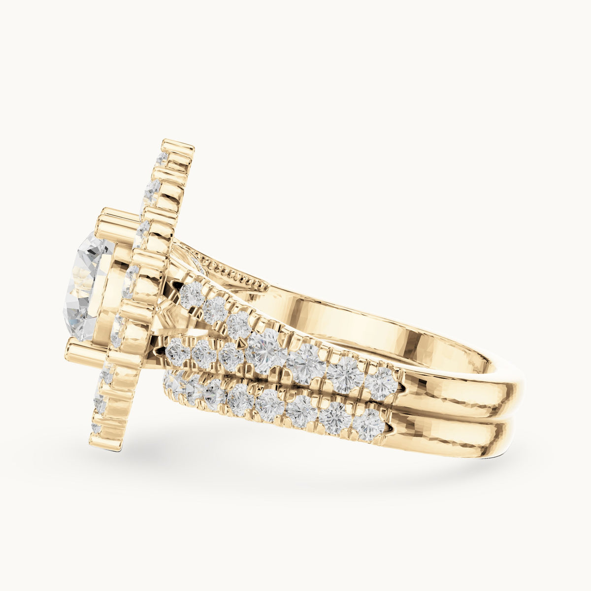 Round lab-grown diamond cluster halo double band engagement ring in yellow gold, 3.591 CT TW, view 3