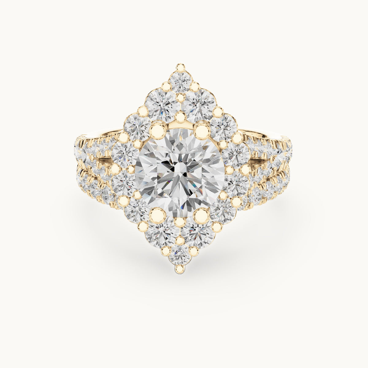 Round lab-grown diamond cluster halo double band engagement ring in yellow gold, 3.591 CT TW, view 4