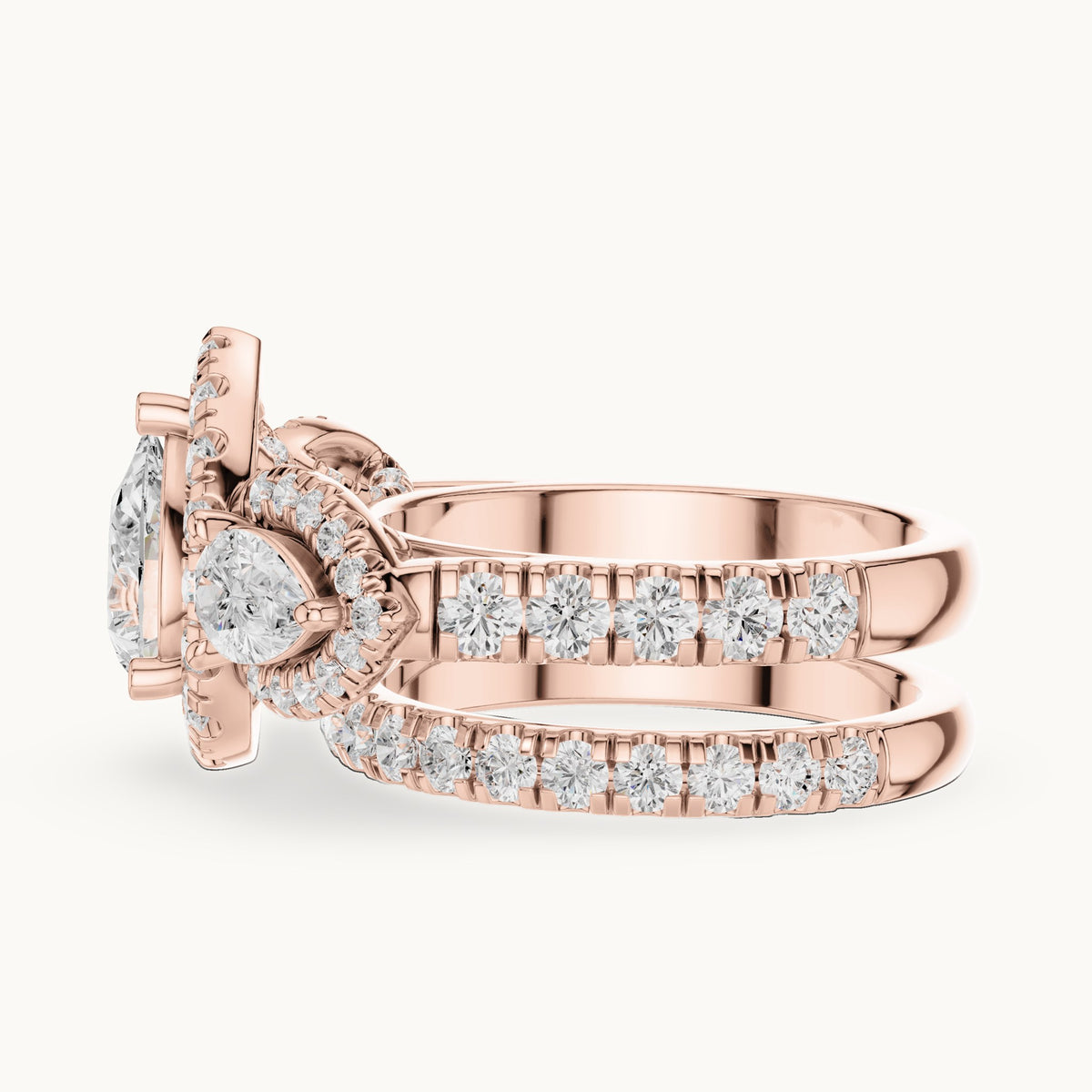 Pear and round lab-grown diamond halo three-stone double band engagement ring in rose gold, 4.323 CT TW, view 3