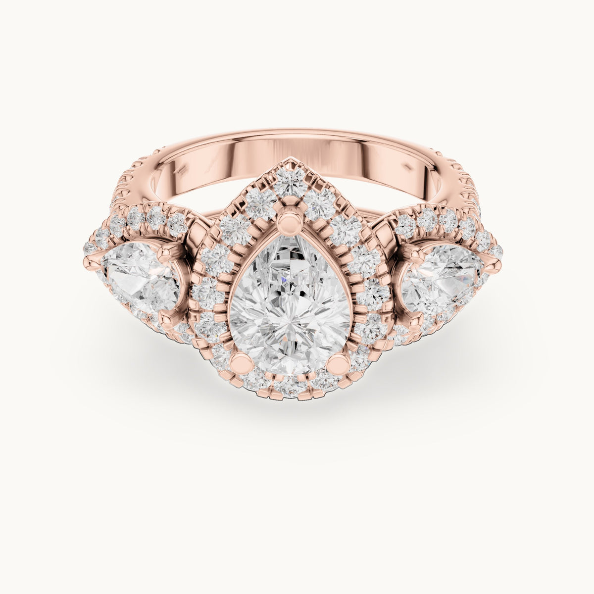 Pear and round lab-grown diamond halo three-stone double band engagement ring in rose gold, 4.323 CT TW, view 4